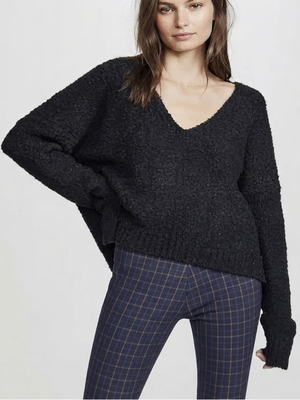 Free People Icing V Pullover Fuzzy Eyelash Lg Knit Neck Sweater Oversized Black